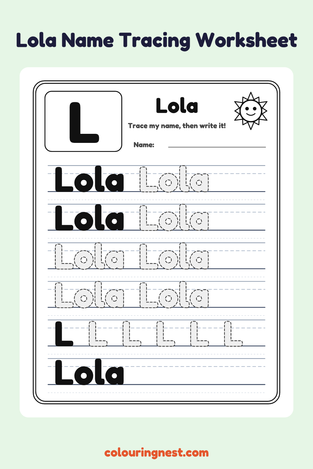 Lola Name Tracing Worksheet: free printable black-and-white line art