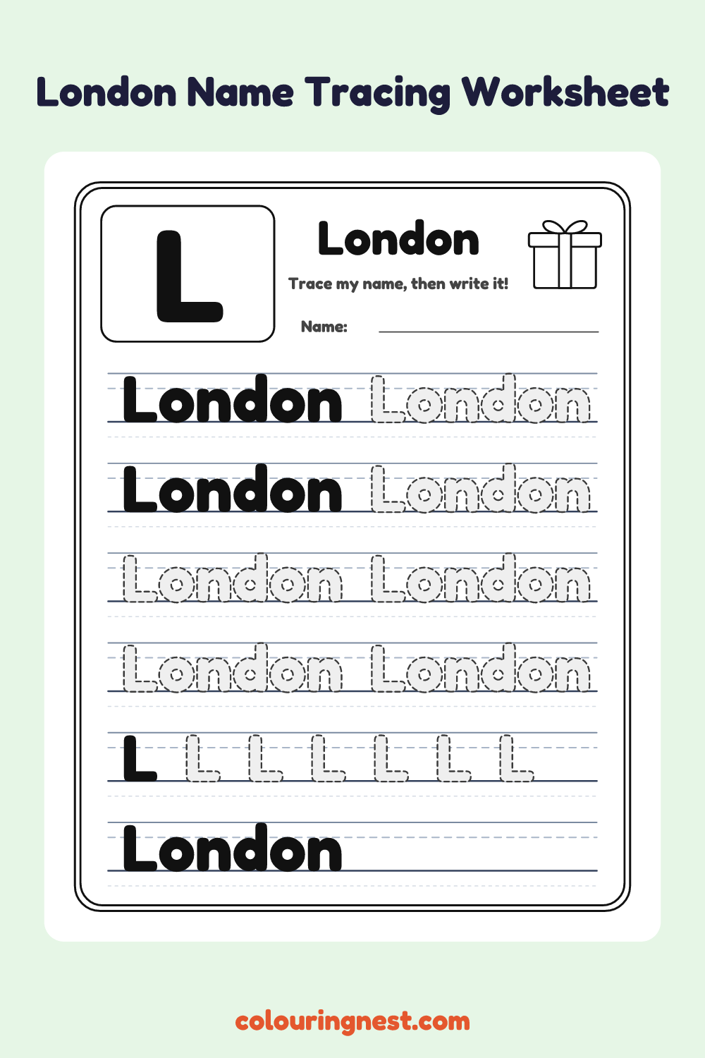 London Name Tracing Worksheet: free printable black-and-white line art