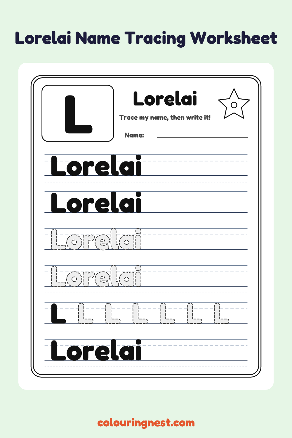 Lorelai Name Tracing Worksheet: free printable black-and-white line art