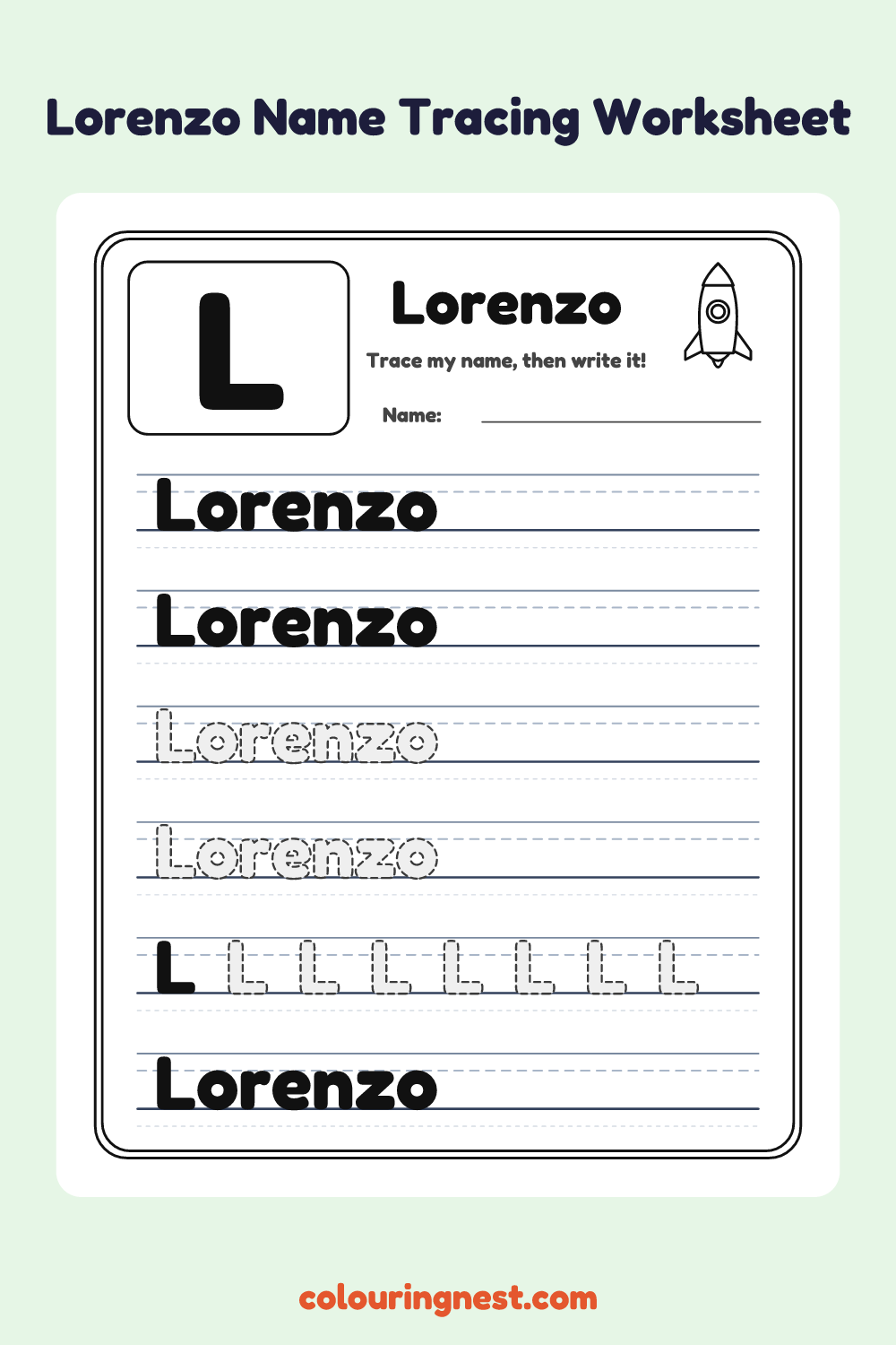 Lorenzo Name Tracing Worksheet: free printable black-and-white line art