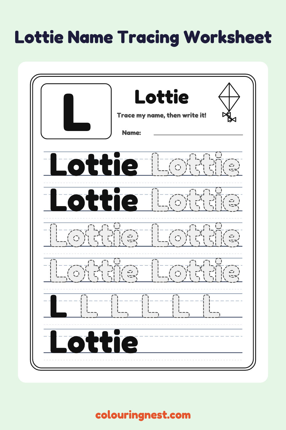 Lottie Name Tracing Worksheet: free printable black-and-white line art
