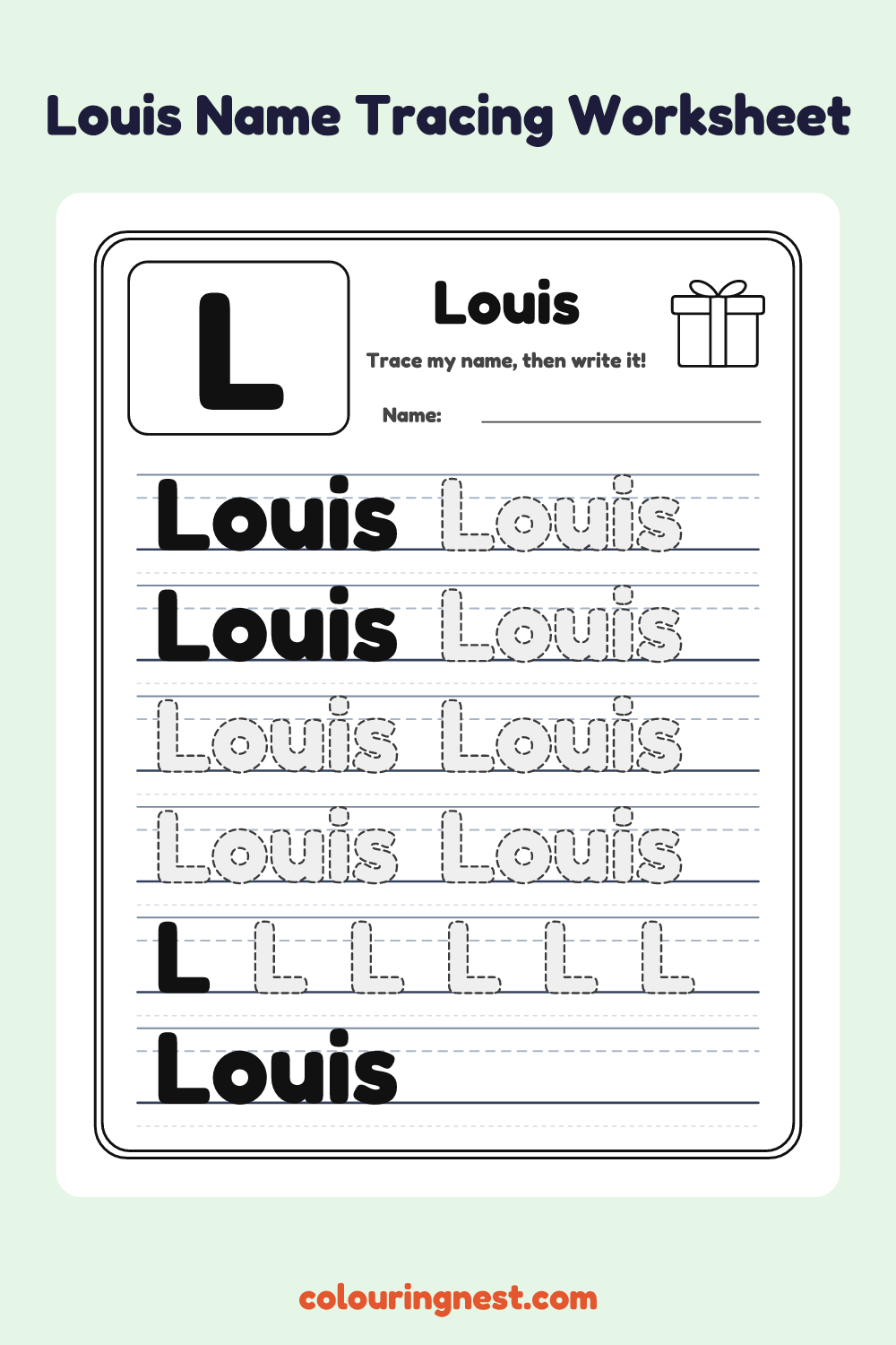 Louis Name Tracing Worksheet: free printable black-and-white line art