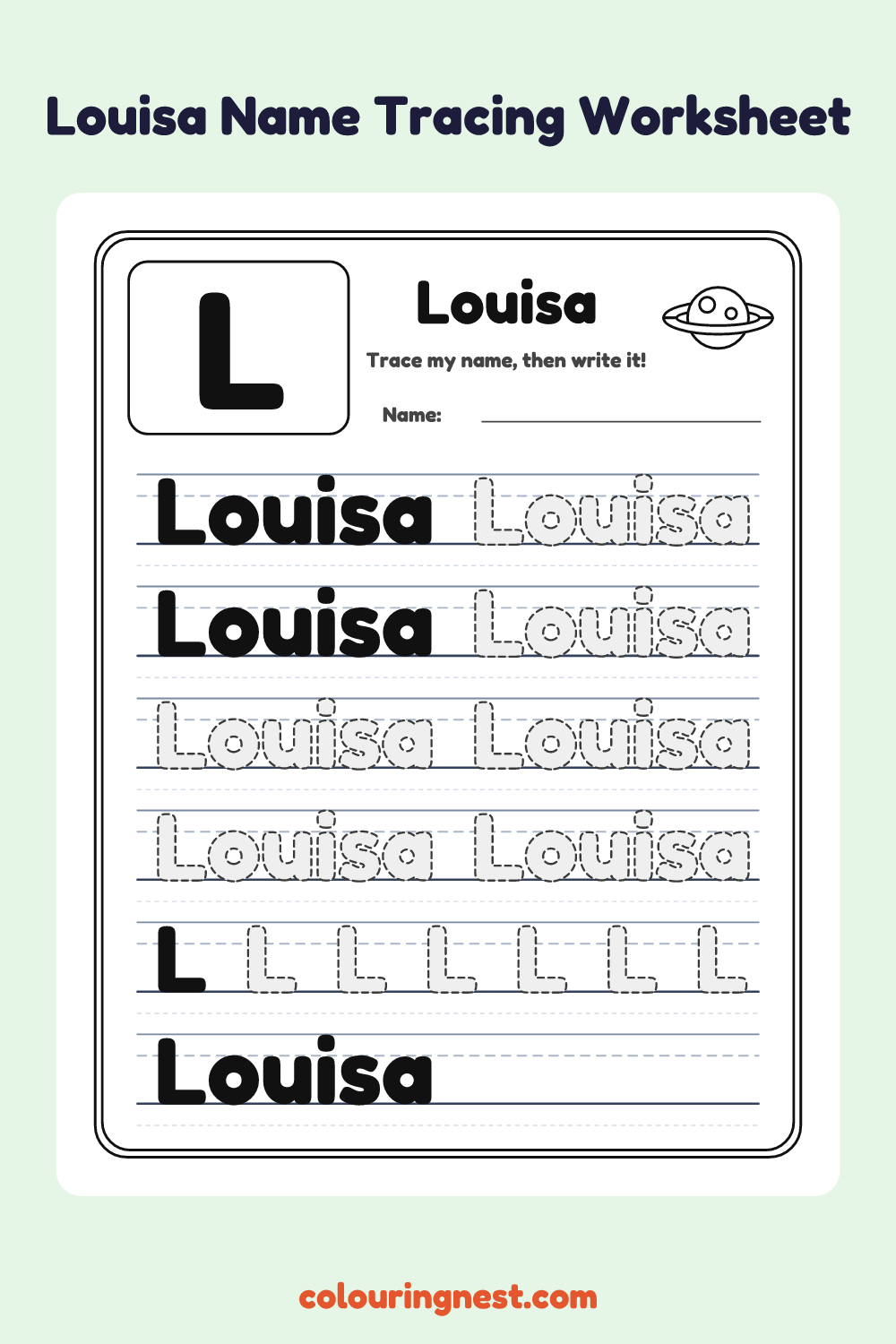 Louisa Name Tracing Worksheet: free printable black-and-white line art