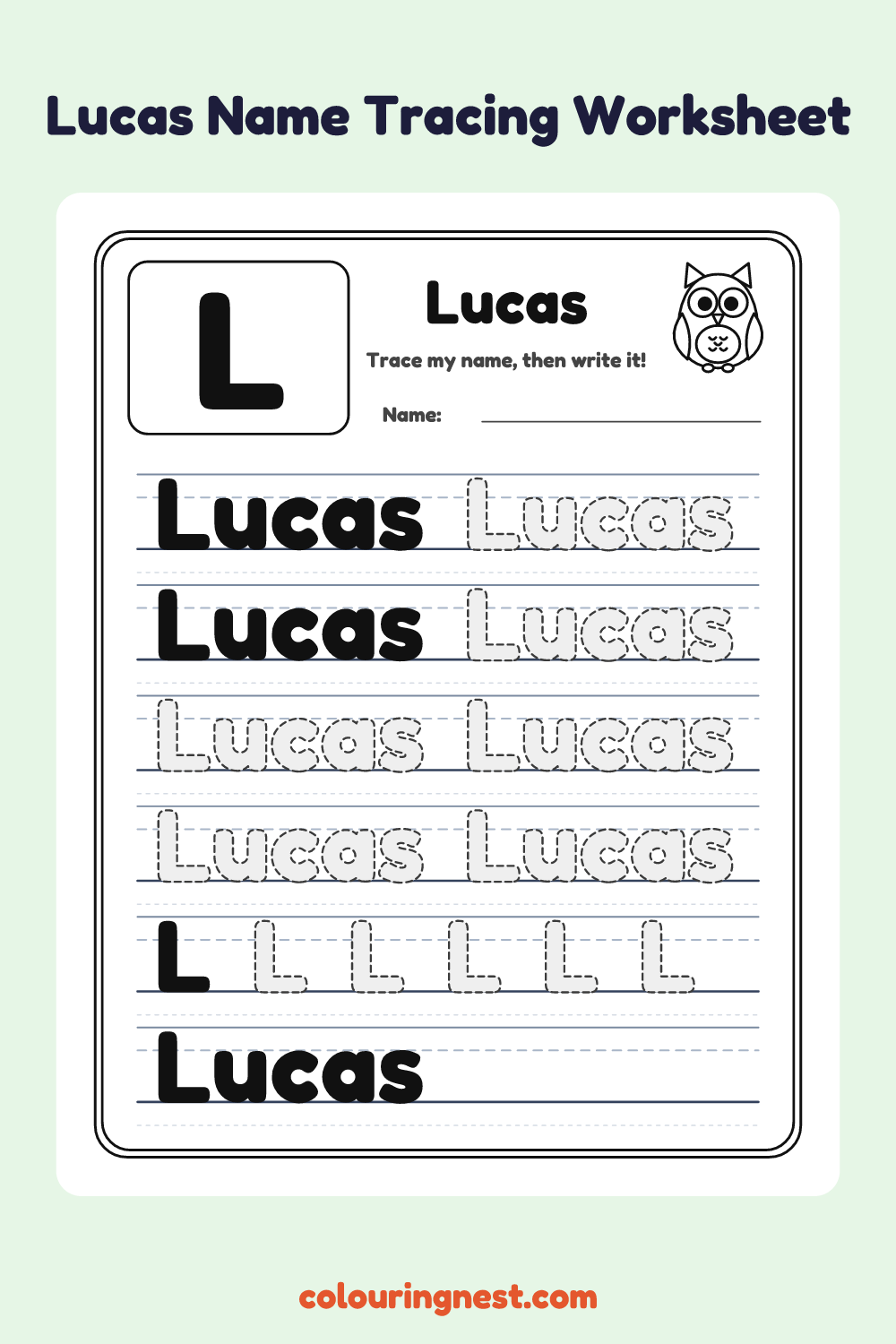 Lucas Name Tracing Worksheet: free printable black-and-white line art