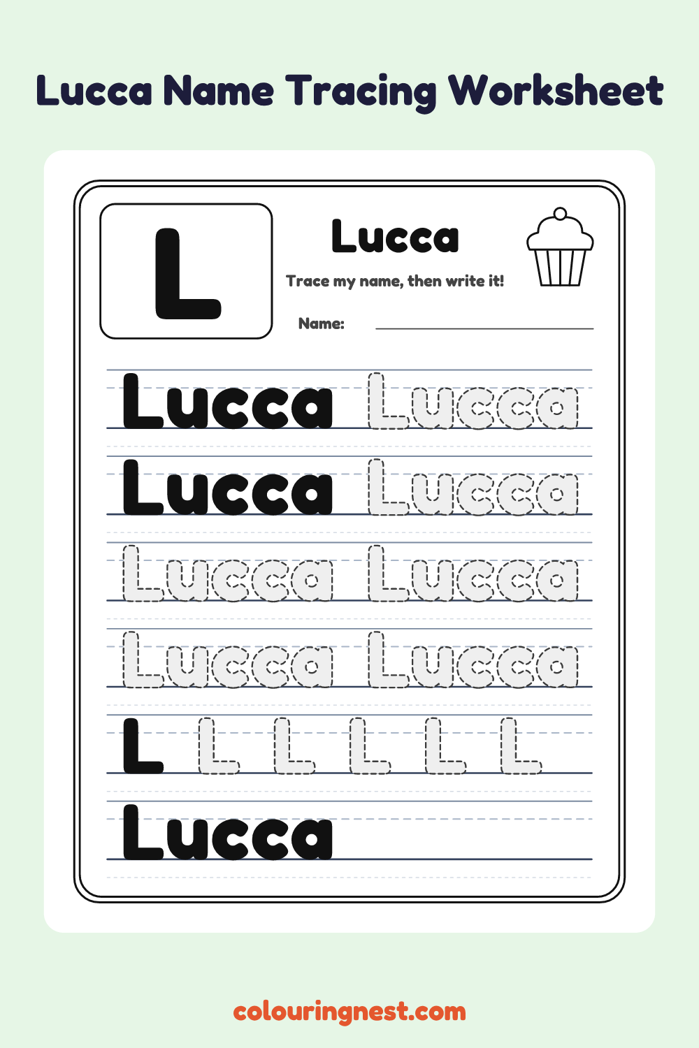 Lucca Name Tracing Worksheet: free printable black-and-white line art