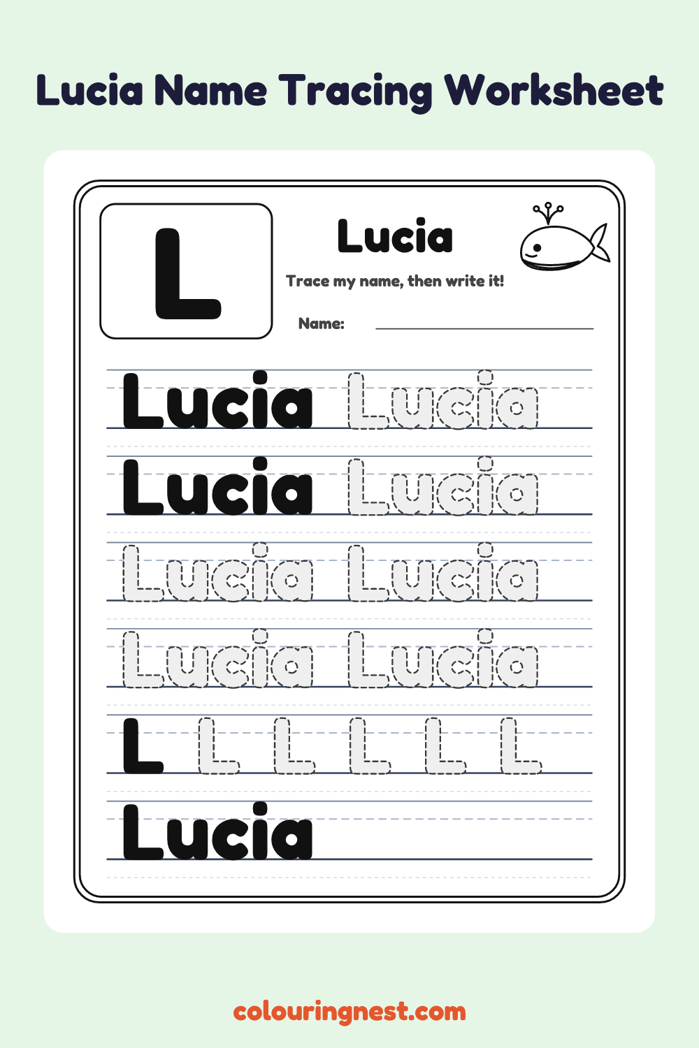 Lucia Name Tracing Worksheet: free printable black-and-white line art