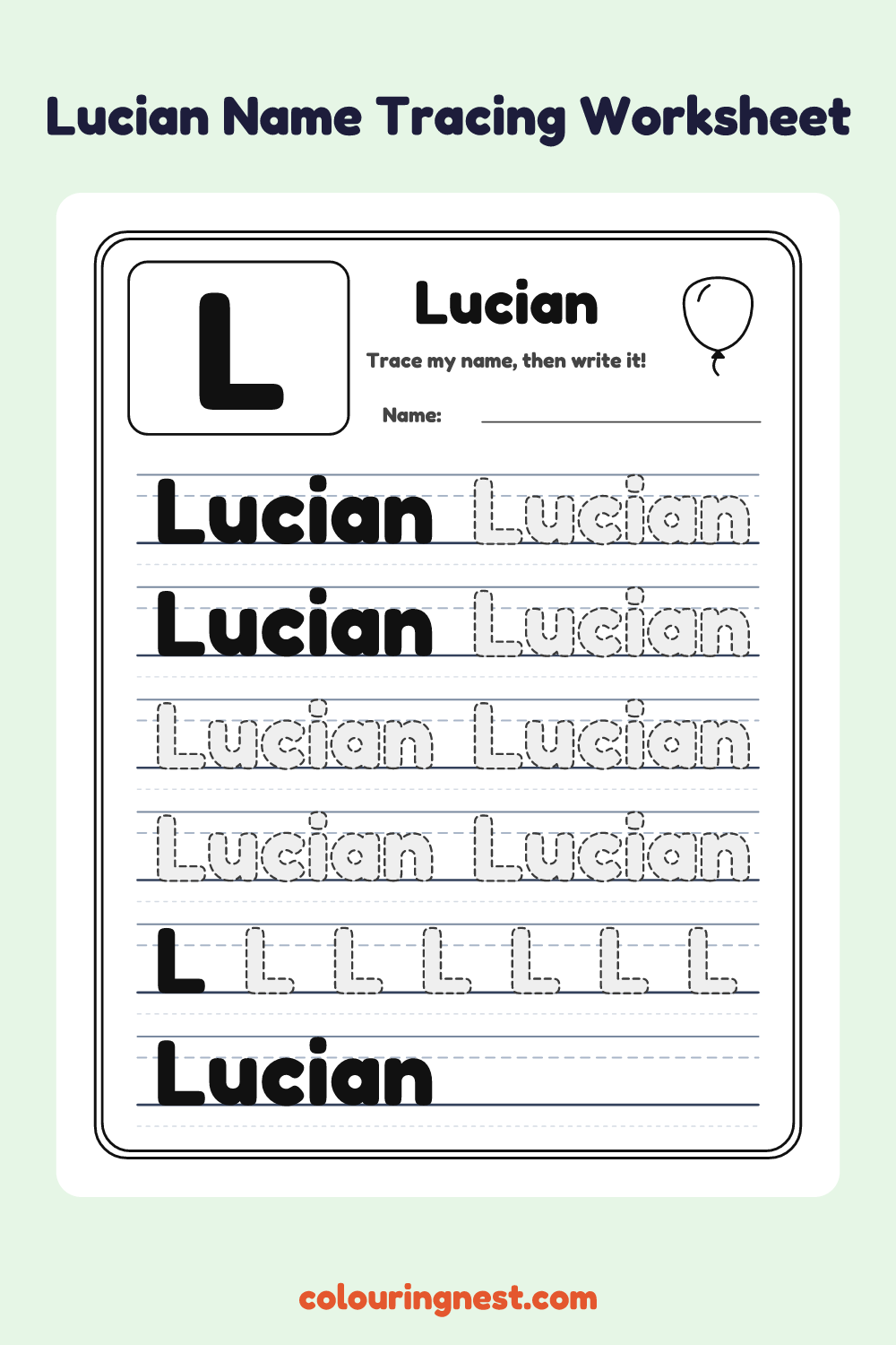 Lucian Name Tracing Worksheet: free printable black-and-white line art
