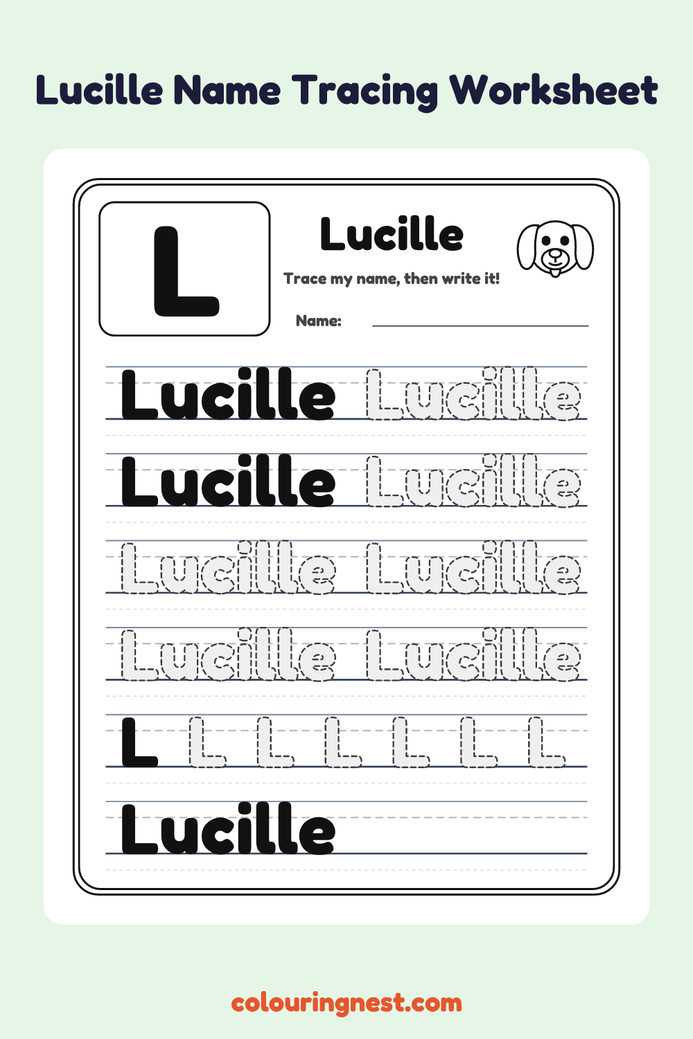 Lucille Name Tracing Worksheet: free printable black-and-white line art