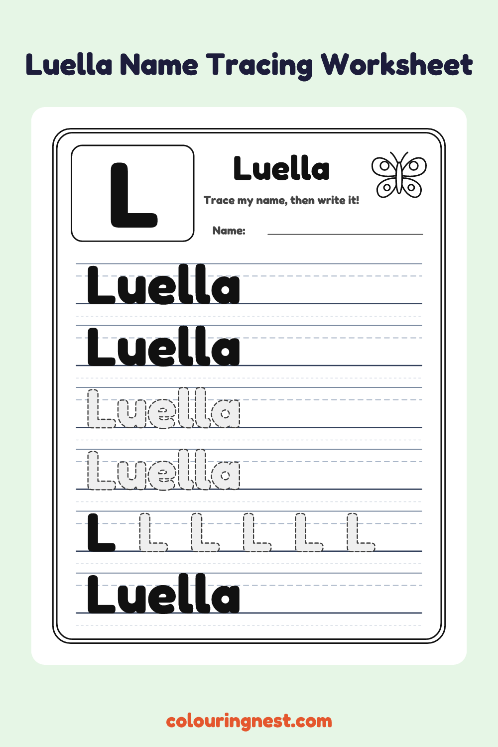Luella Name Tracing Worksheet: free printable black-and-white line art