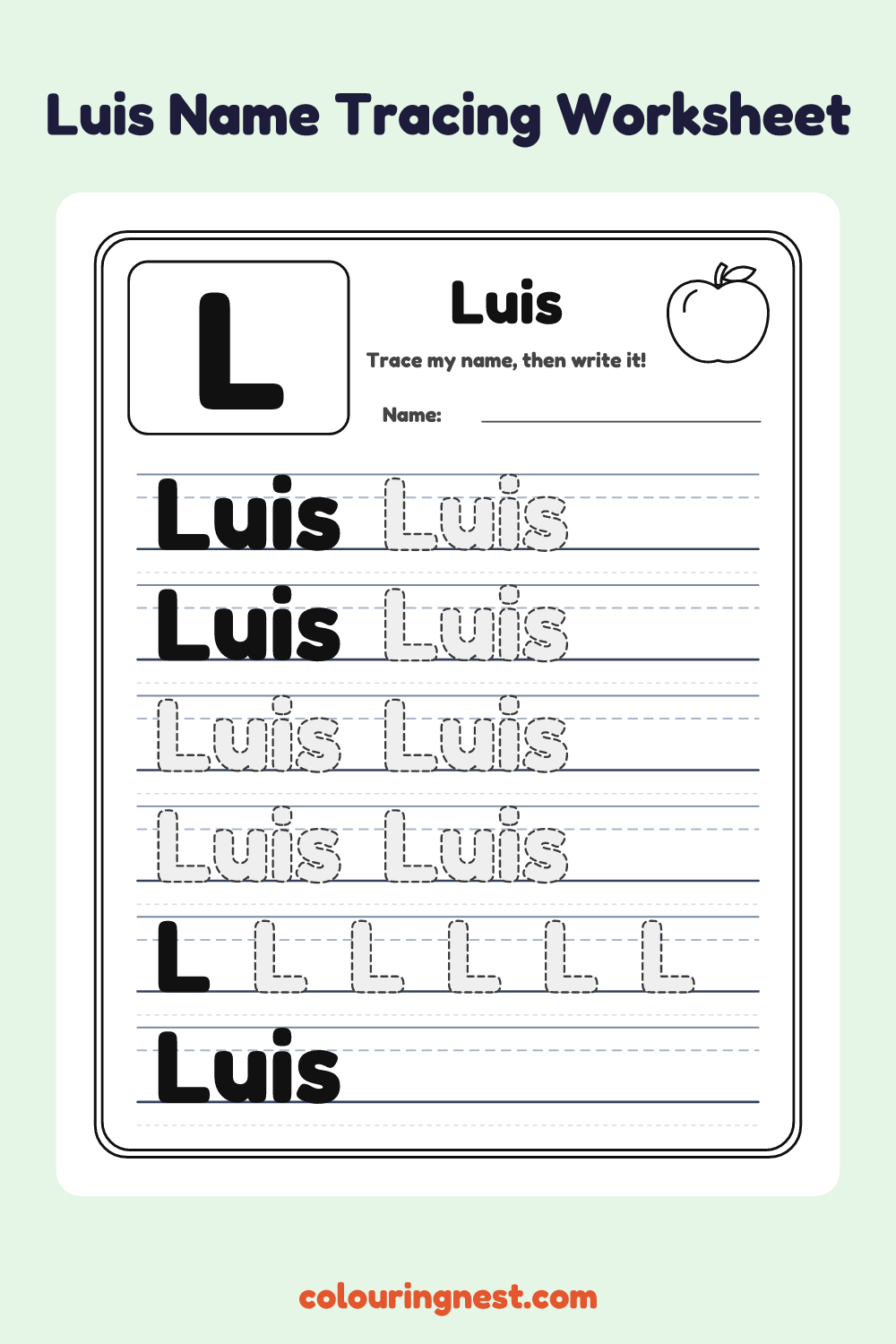 Luis Name Tracing Worksheet: free printable black-and-white line art