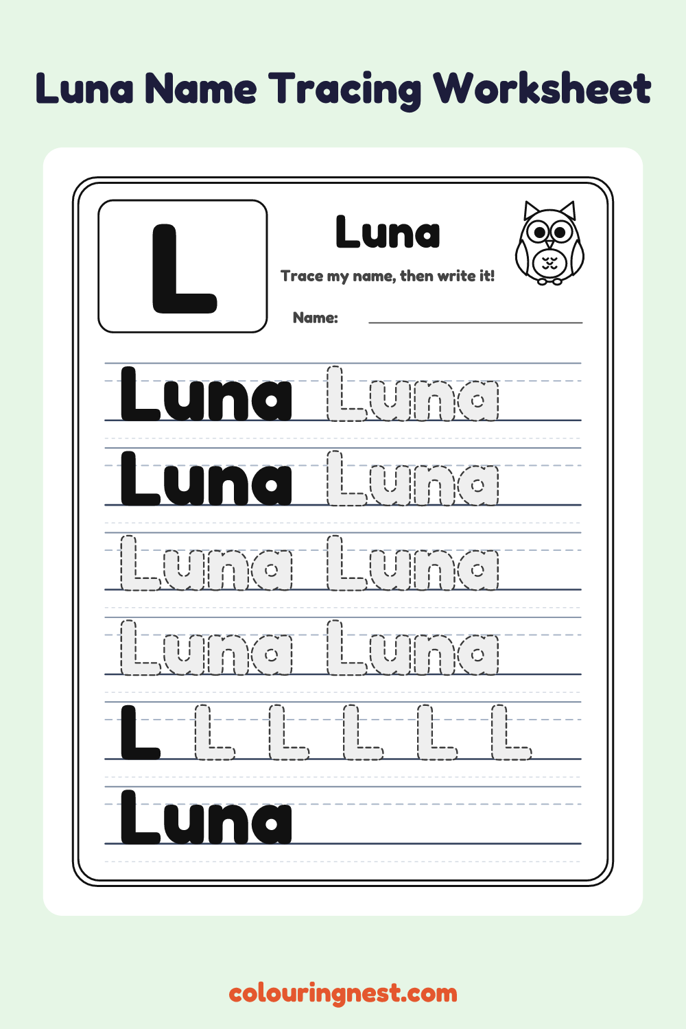 Luna Name Tracing Worksheet: free printable black-and-white line art
