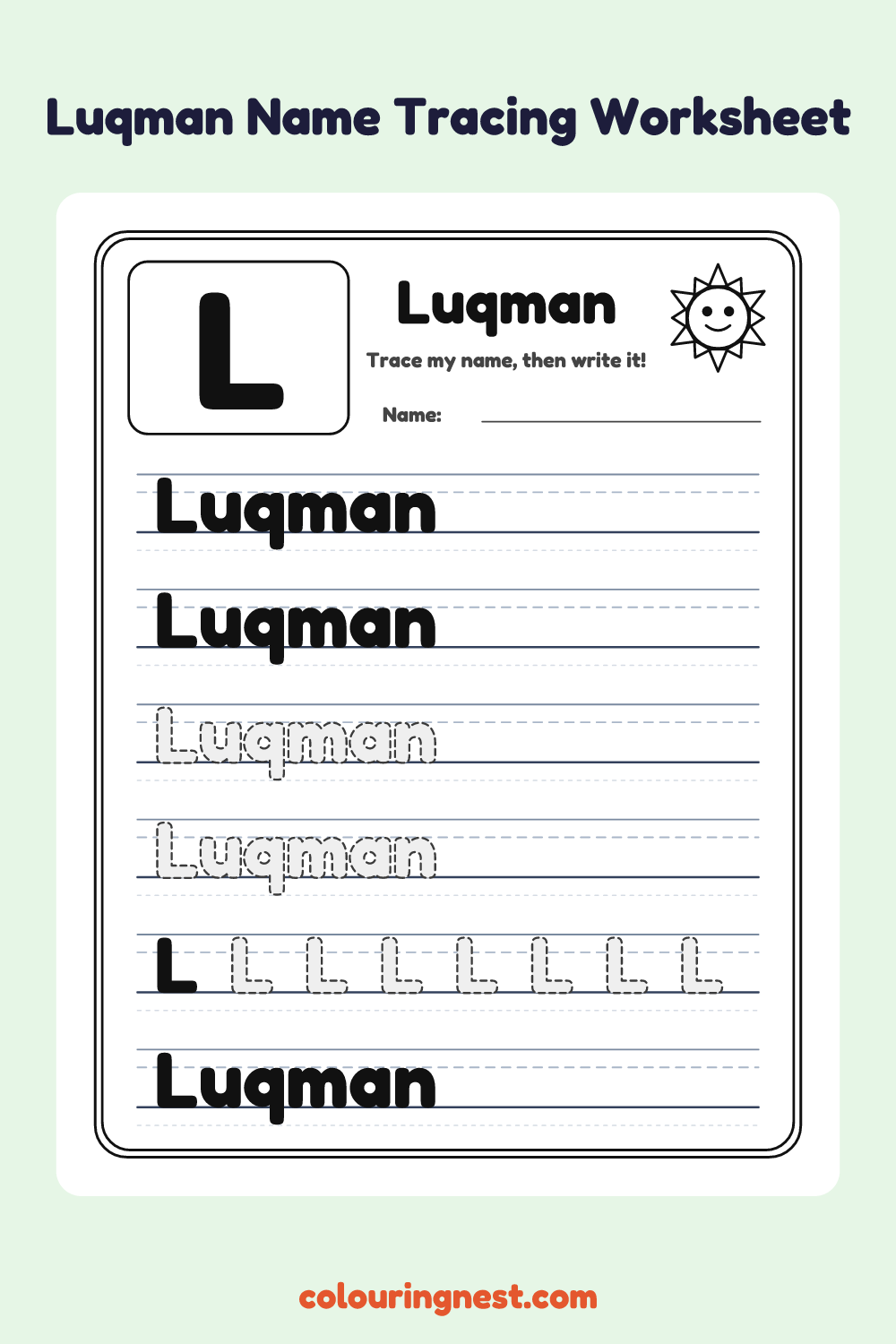 Luqman Name Tracing Worksheet: free printable black-and-white line art
