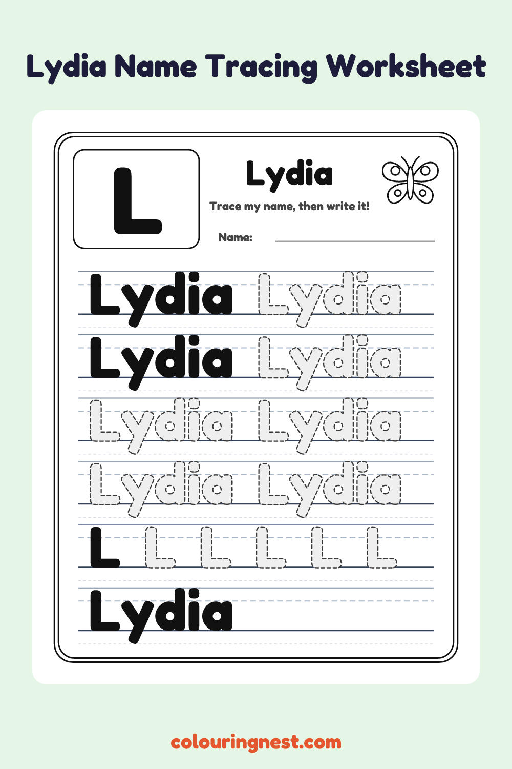 Lydia Name Tracing Worksheet: free printable black-and-white line art
