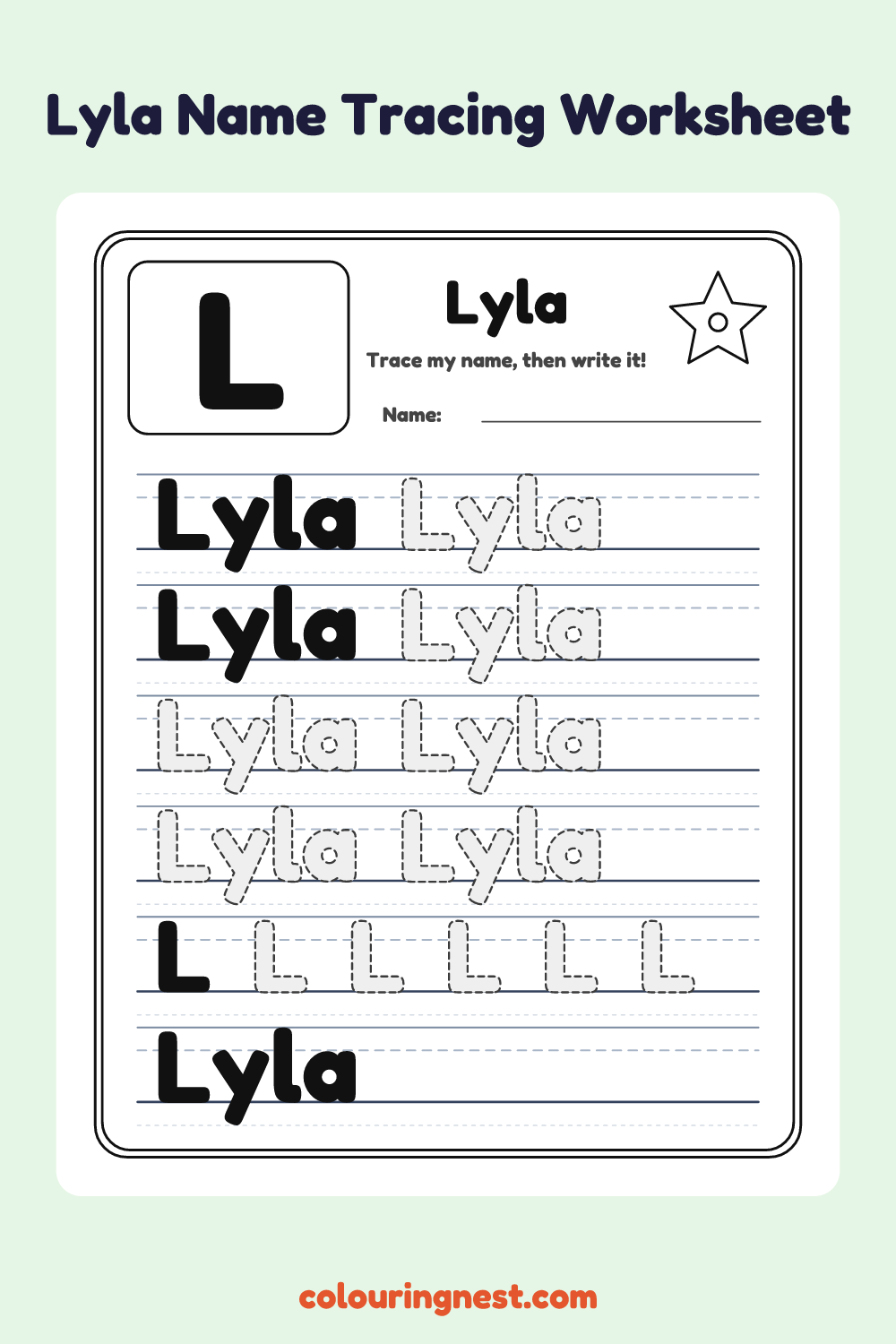 Lyla Name Tracing Worksheet: free printable black-and-white line art