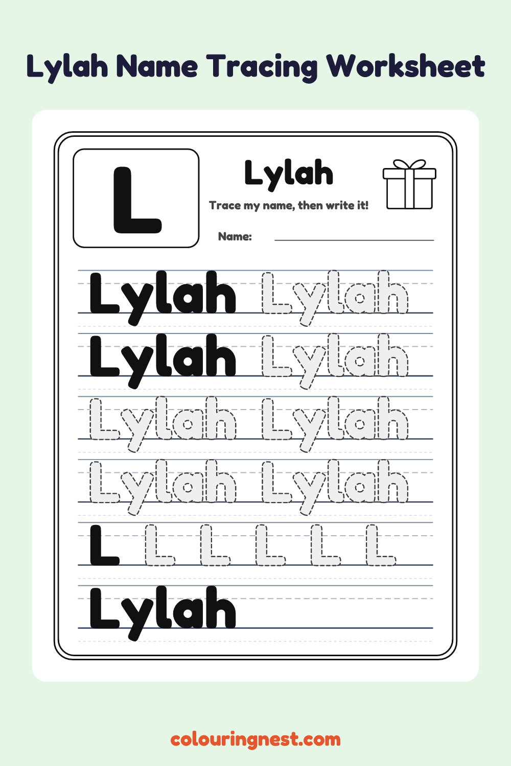 Lylah Name Tracing Worksheet: free printable black-and-white line art