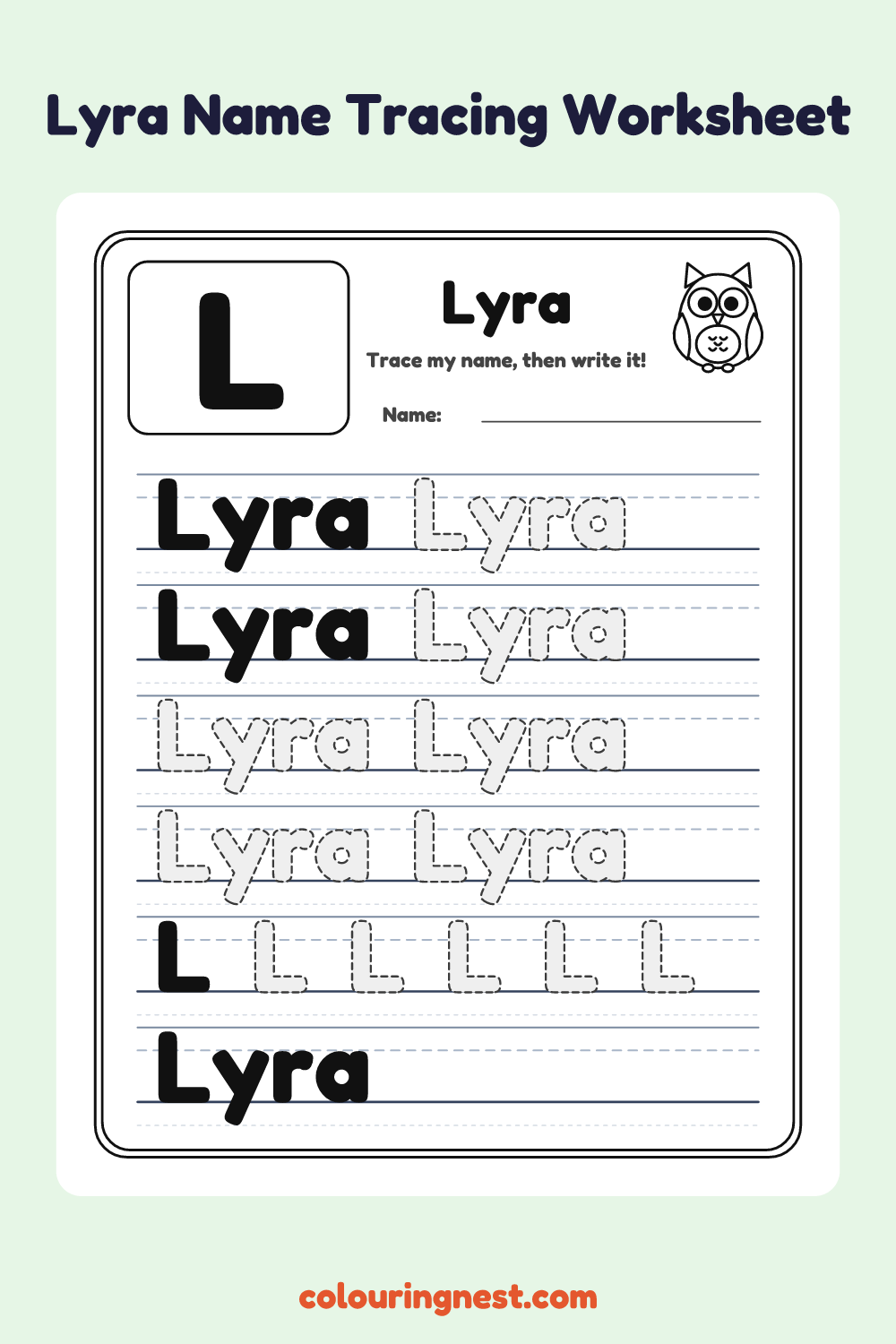 Lyra Name Tracing Worksheet: free printable black-and-white line art