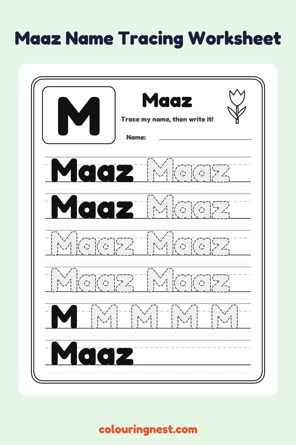 Maaz Name Tracing Worksheet: free printable black-and-white line art