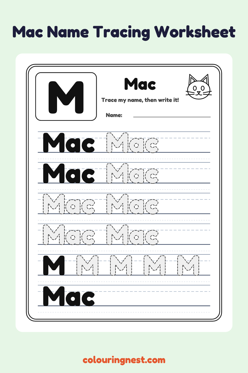 Mac Name Tracing Worksheet: free printable black-and-white line art