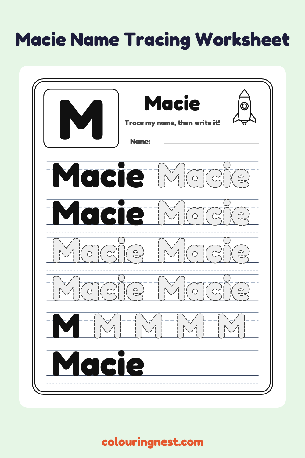 Macie Name Tracing Worksheet: free printable black-and-white line art