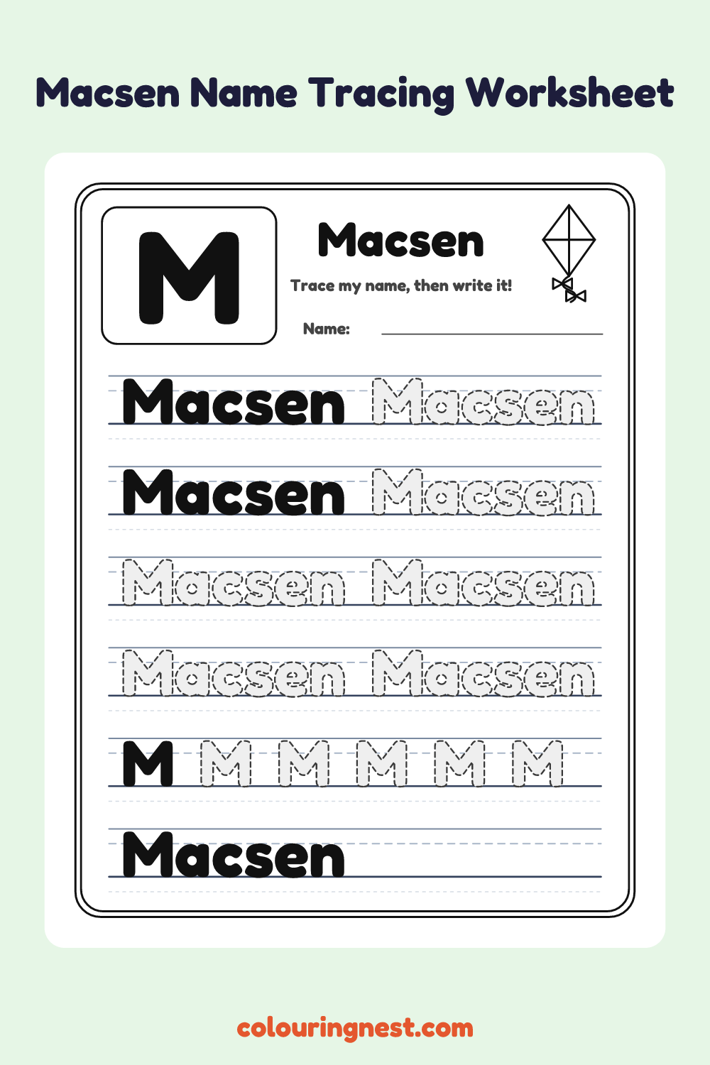 Macsen Name Tracing Worksheet: free printable black-and-white line art