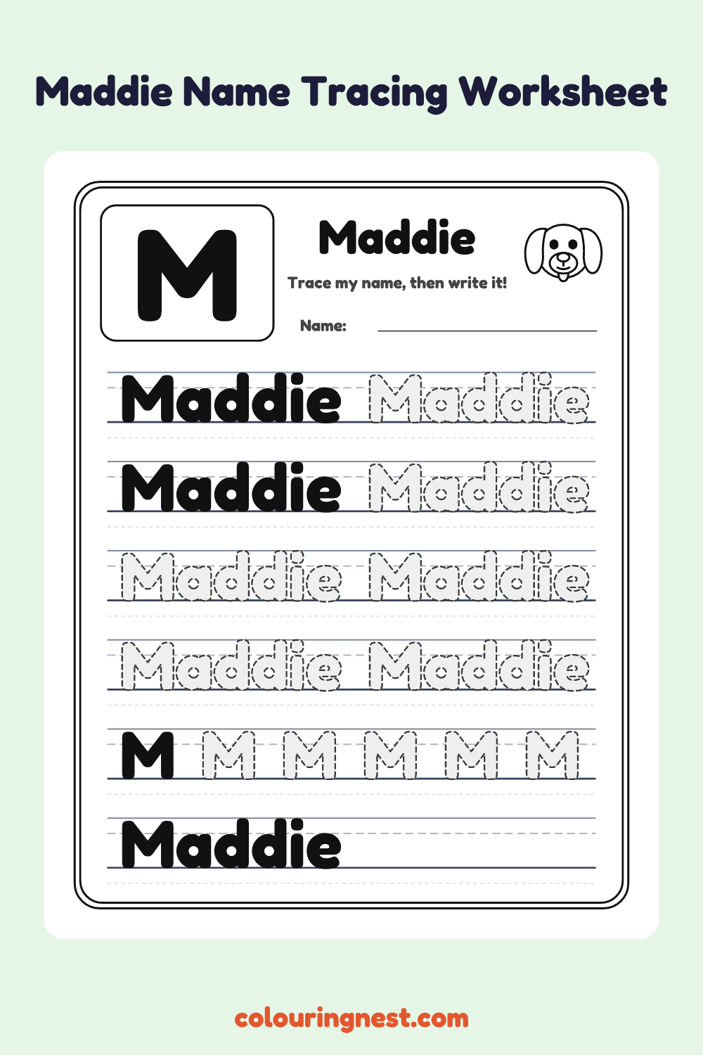 Maddie Name Tracing Worksheet: free printable black-and-white line art