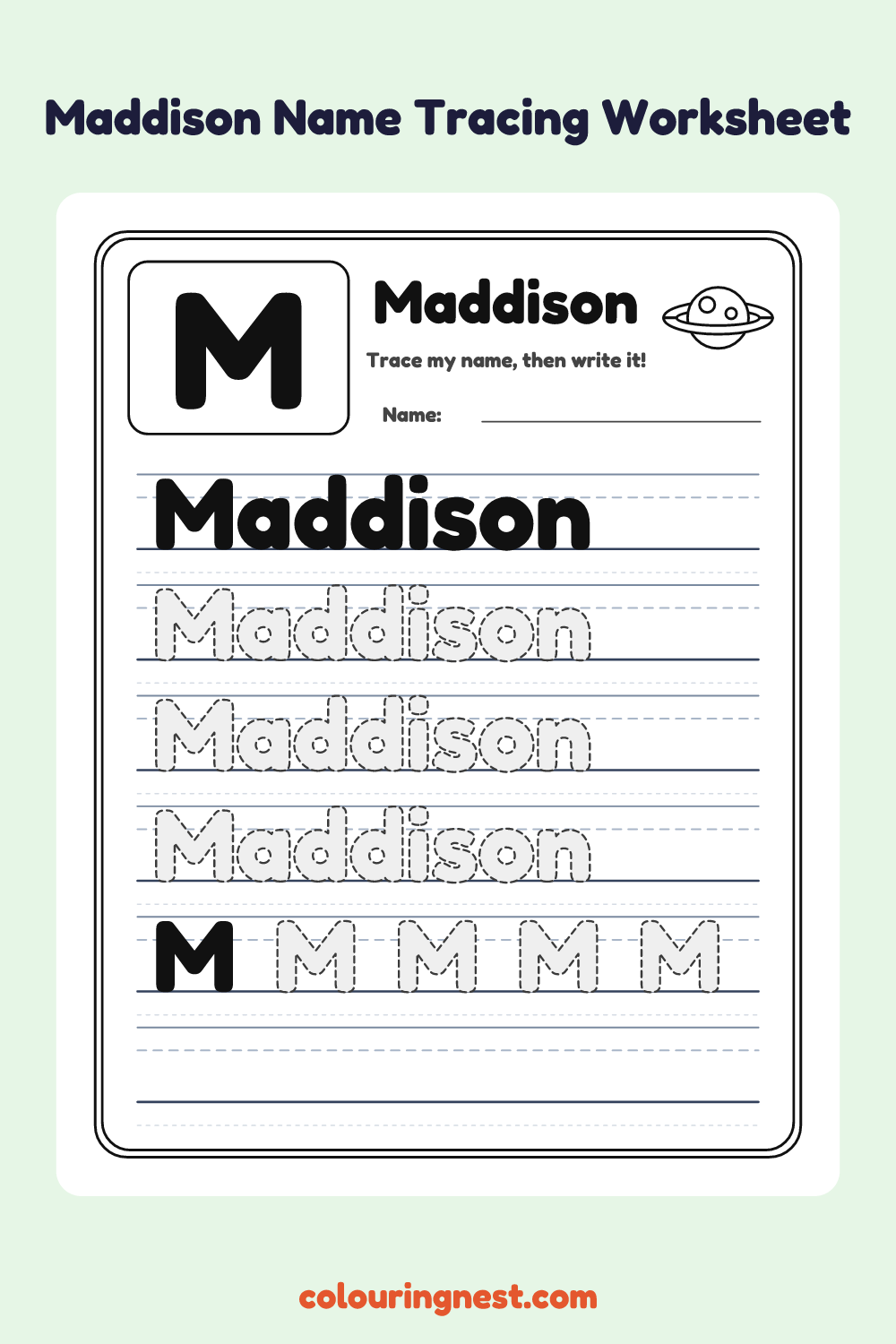 Maddison Name Tracing Worksheet: free printable black-and-white line art