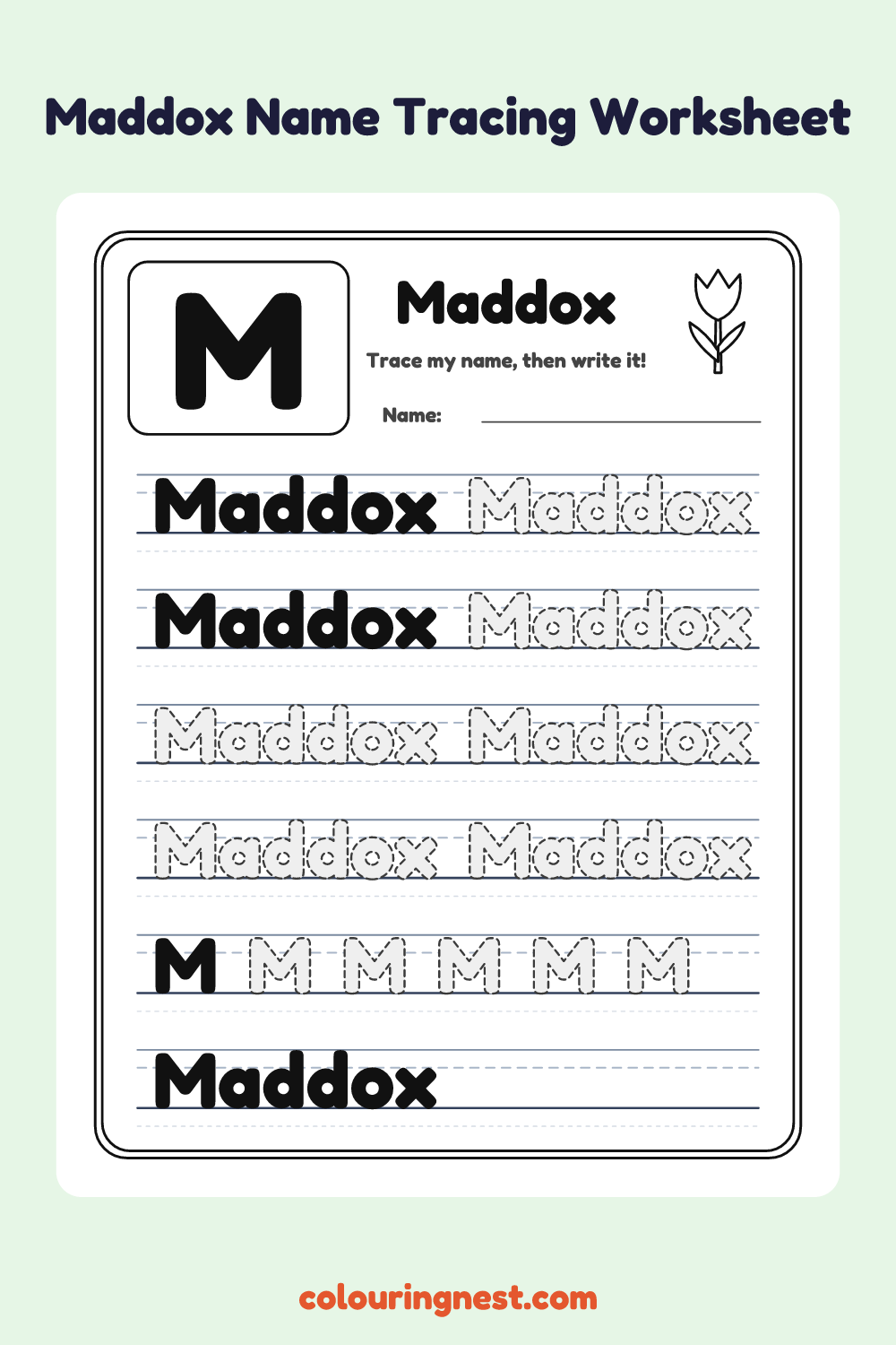 Maddox Name Tracing Worksheet: free printable black-and-white line art