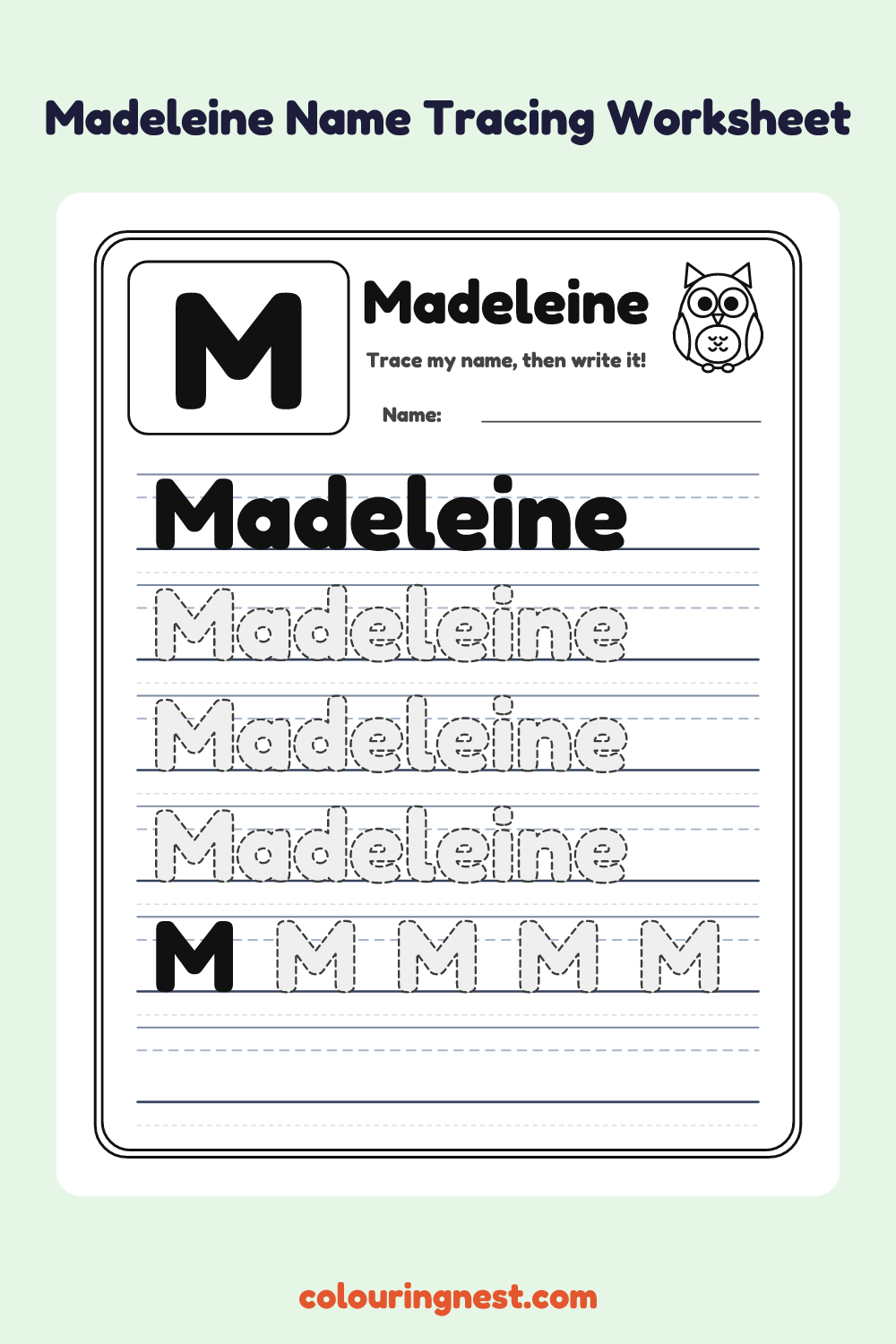 Madeleine Name Tracing Worksheet: free printable black-and-white line art