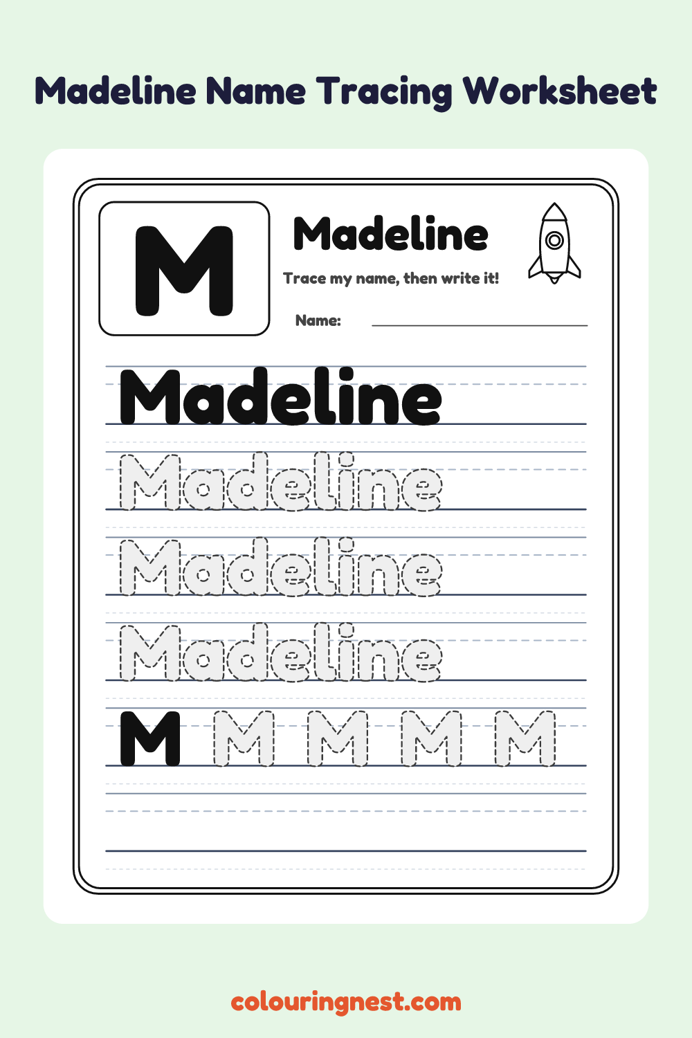 Madeline Name Tracing Worksheet: free printable black-and-white line art