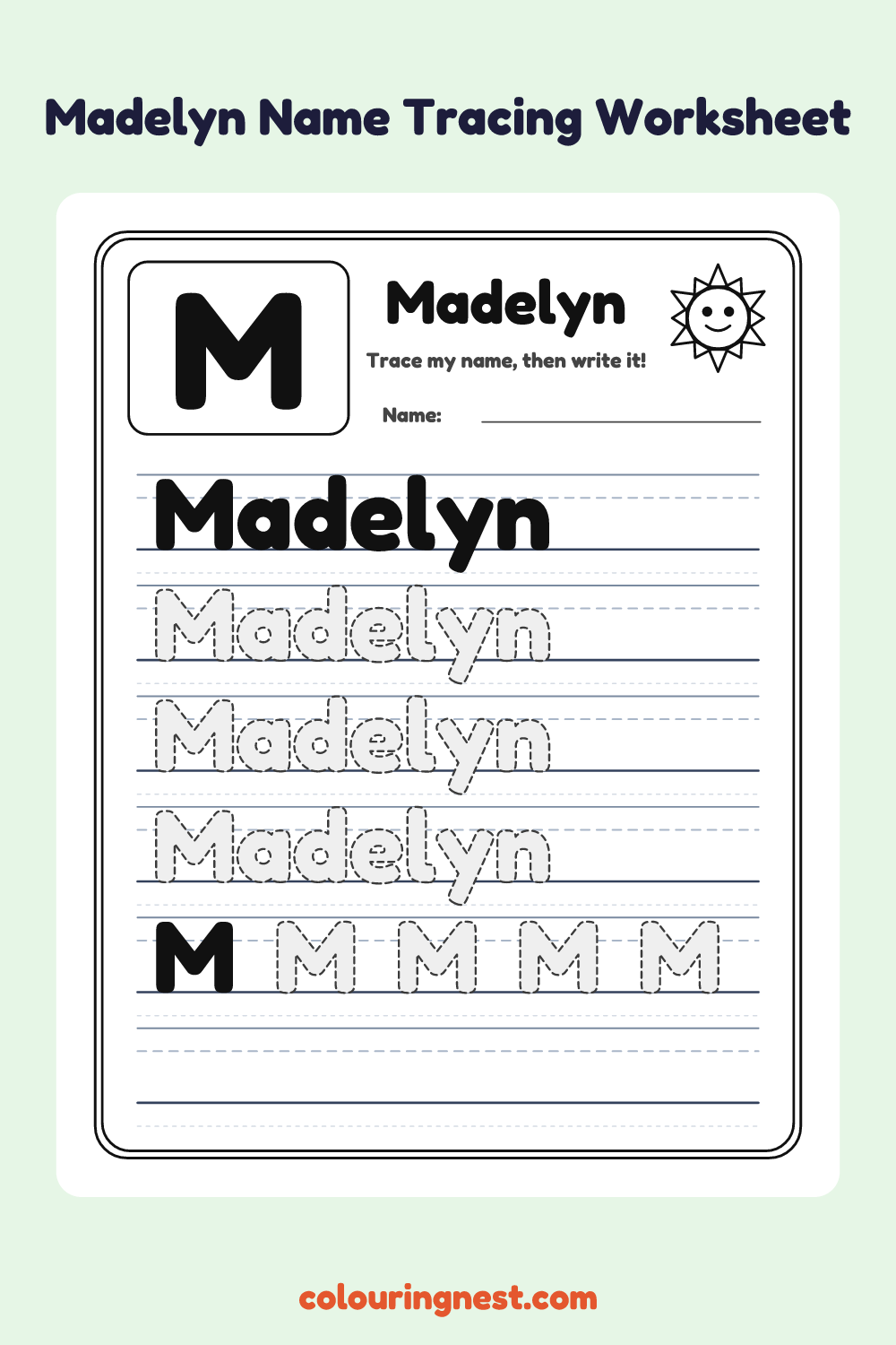 Madelyn Name Tracing Worksheet: free printable black-and-white line art