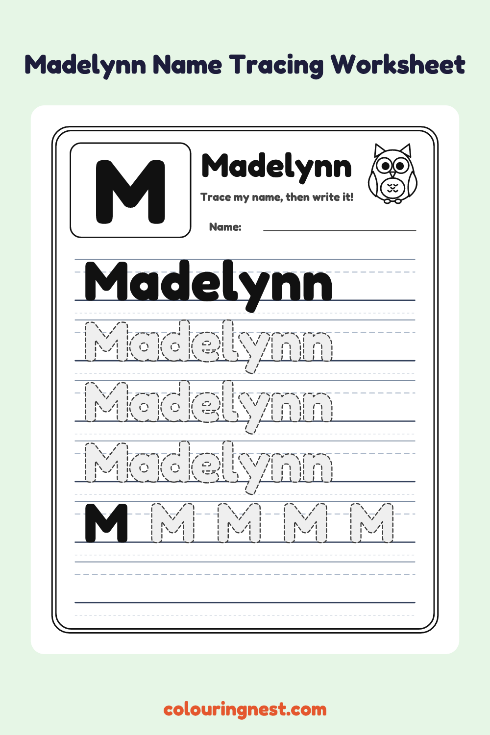 Madelynn Name Tracing Worksheet: free printable black-and-white line art