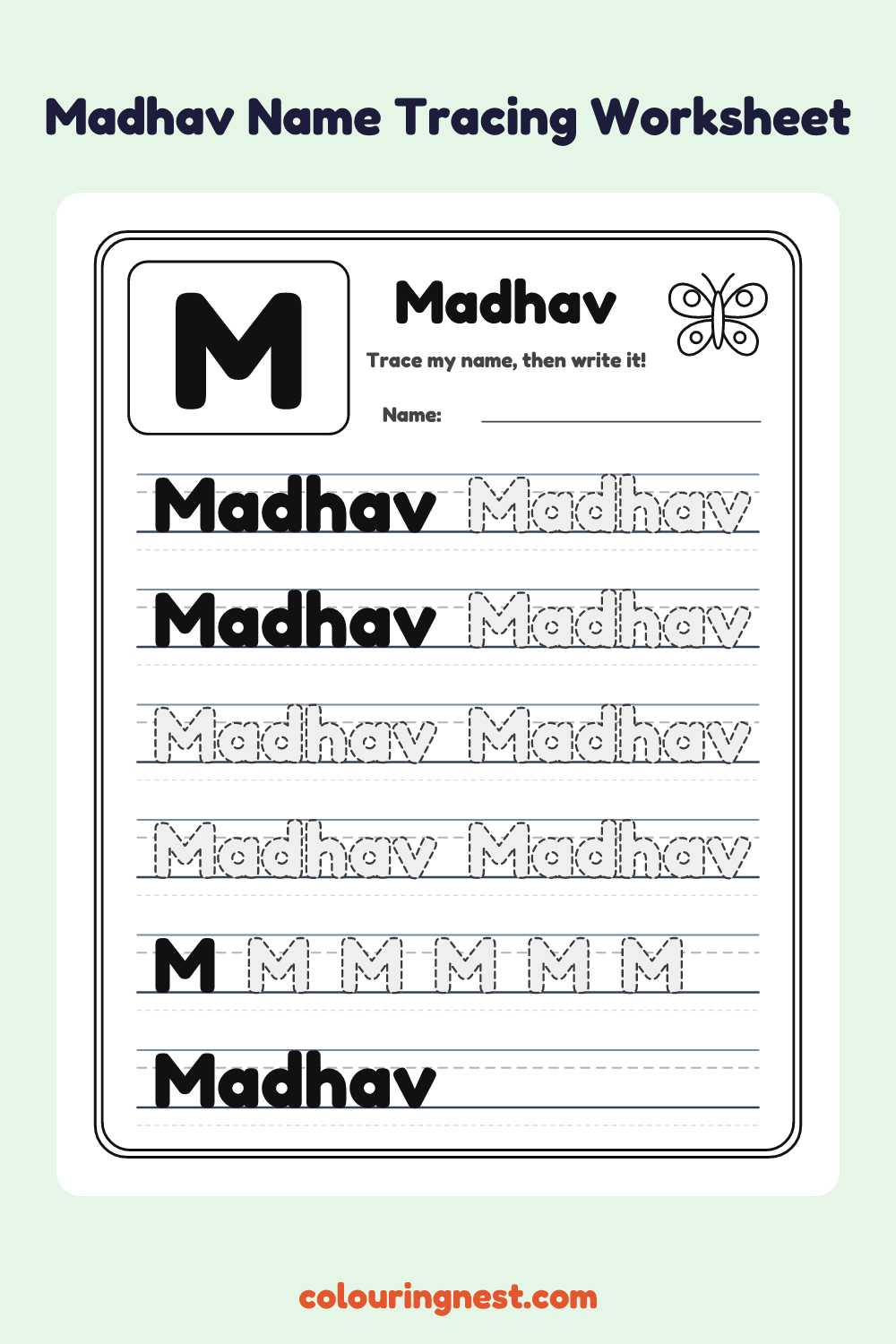 Madhav Name Tracing Worksheet: free printable black-and-white line art