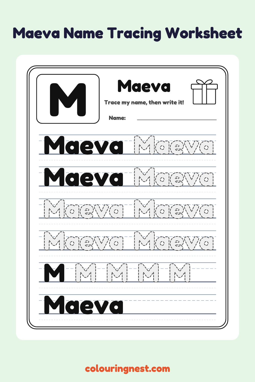 Maeva Name Tracing Worksheet: free printable black-and-white line art