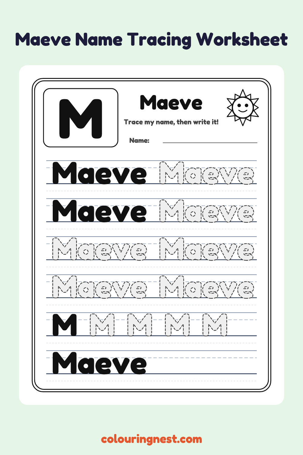 Maeve Name Tracing Worksheet: free printable black-and-white line art
