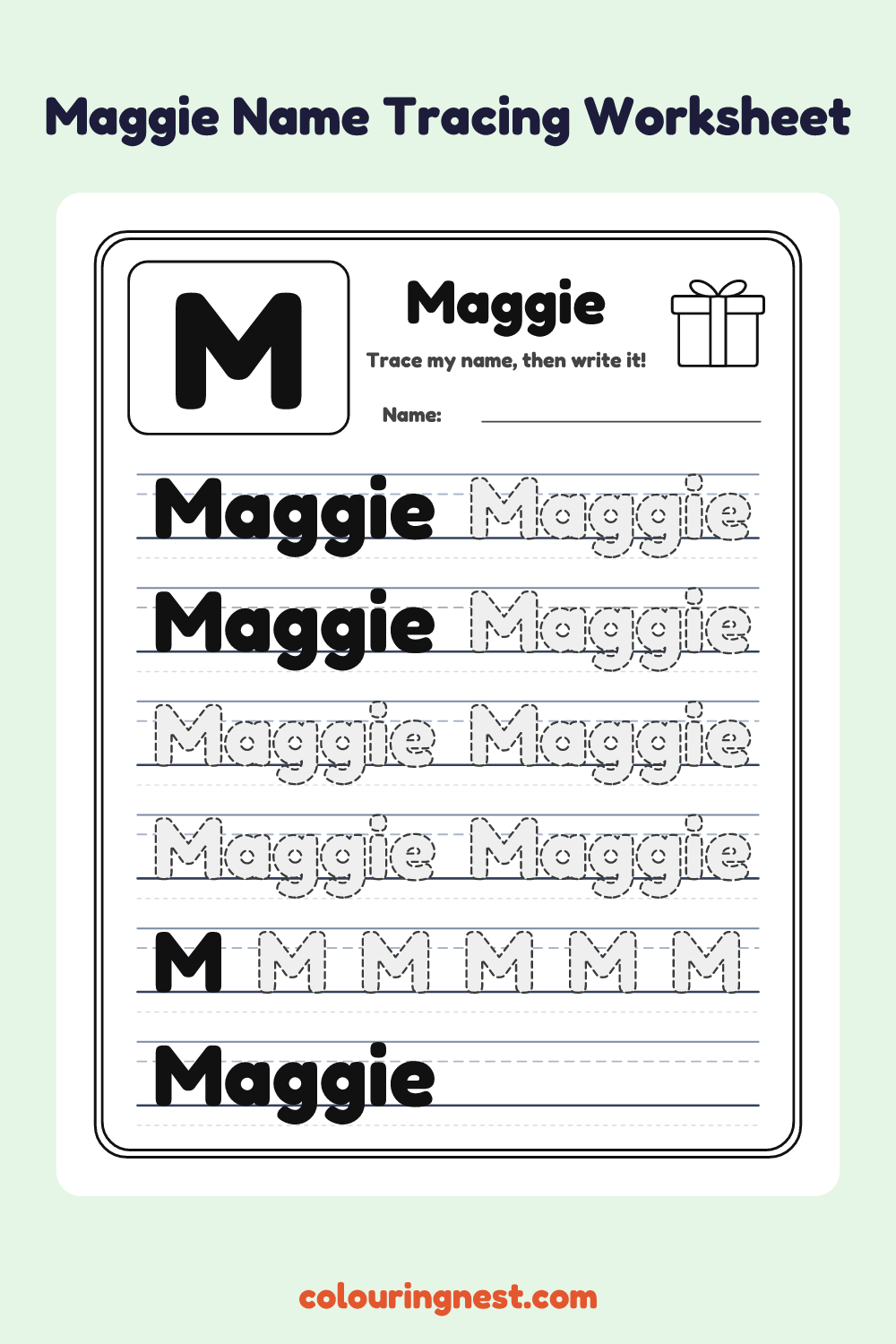 Maggie Name Tracing Worksheet: free printable black-and-white line art