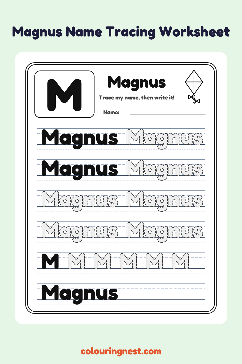 Magnus Name Tracing Worksheet: free printable black-and-white line art
