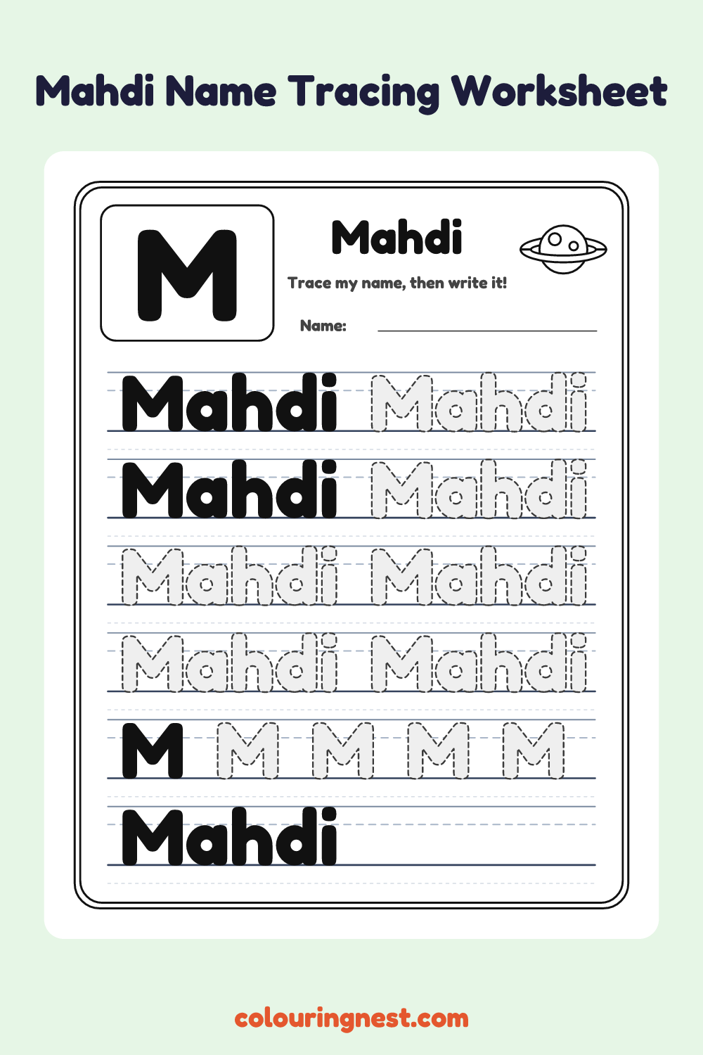 Mahdi Name Tracing Worksheet: free printable black-and-white line art