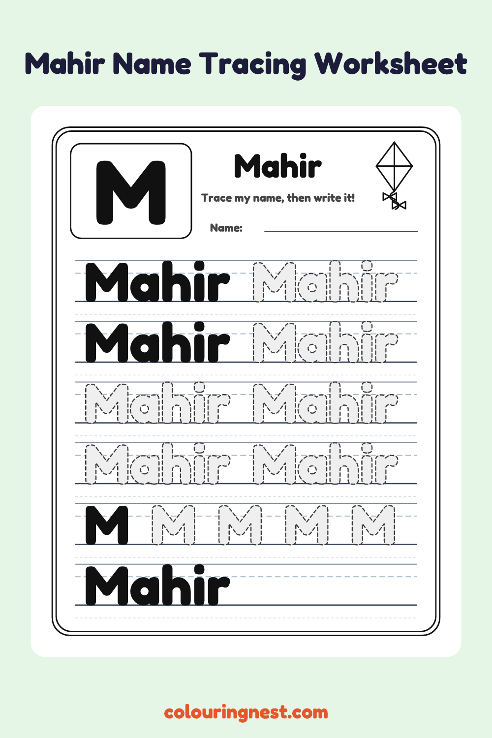 Mahir Name Tracing Worksheet: free printable black-and-white line art