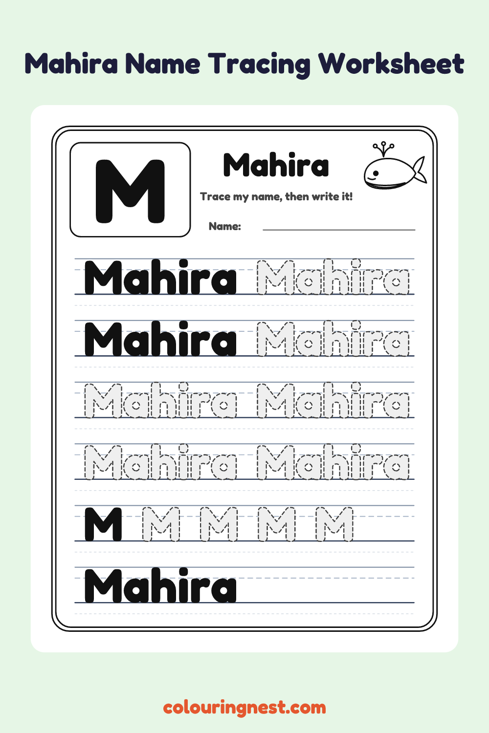 Mahira Name Tracing Worksheet: free printable black-and-white line art