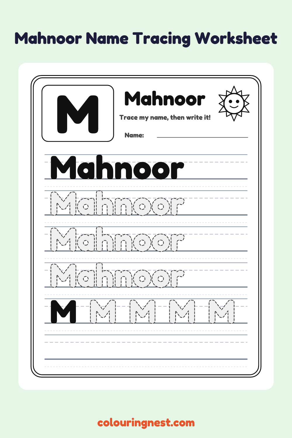 Mahnoor Name Tracing Worksheet: free printable black-and-white line art