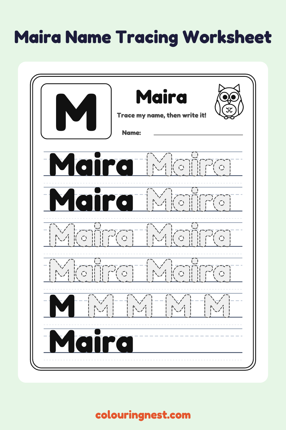 Maira Name Tracing Worksheet: free printable black-and-white line art
