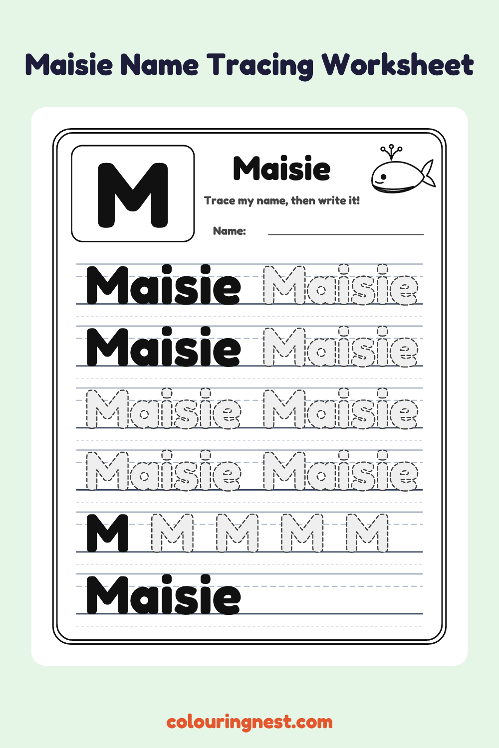 Maisie Name Tracing Worksheet: free printable black-and-white line art