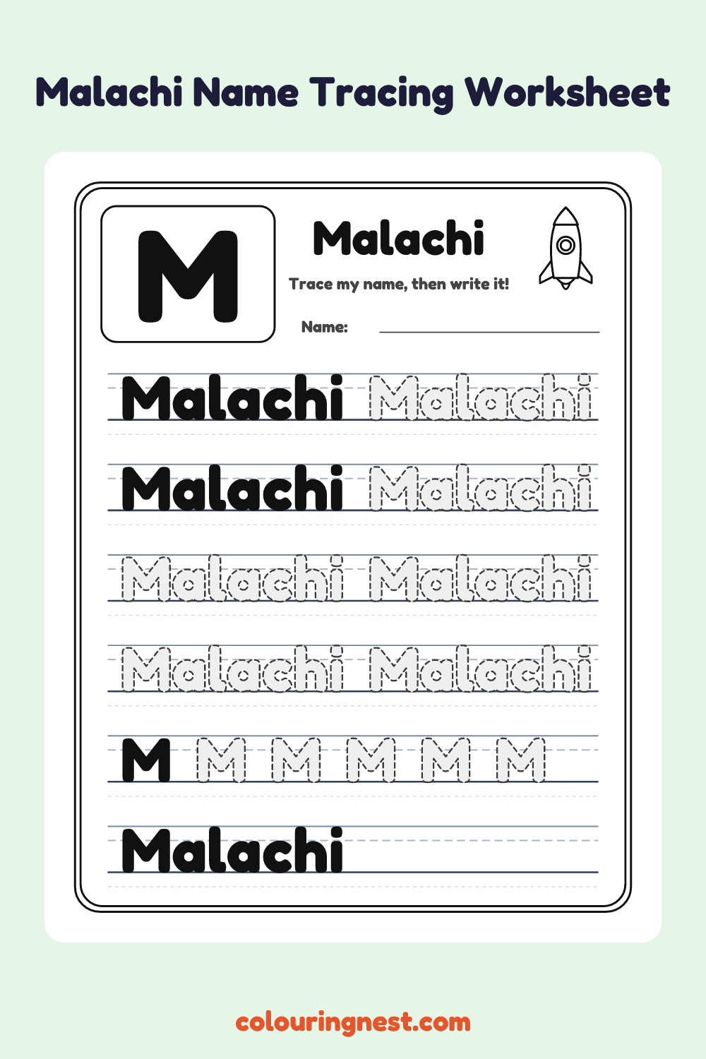 Malachi Name Tracing Worksheet: free printable black-and-white line art