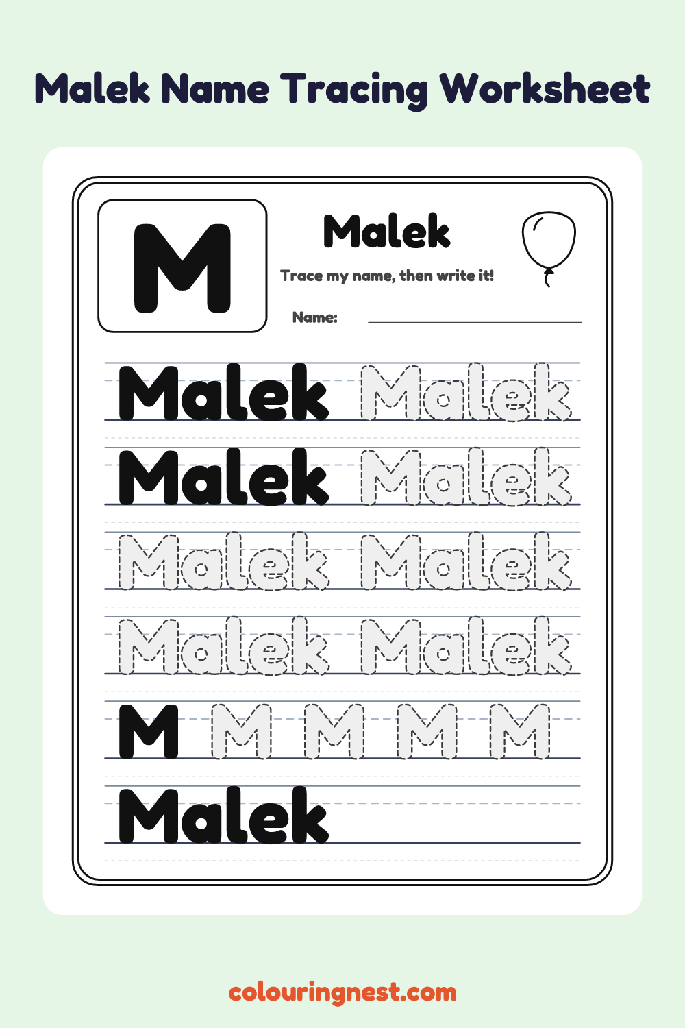 Malek Name Tracing Worksheet: free printable black-and-white line art
