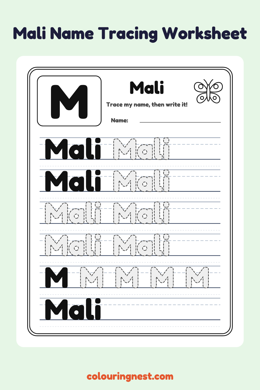 Mali Name Tracing Worksheet: free printable black-and-white line art