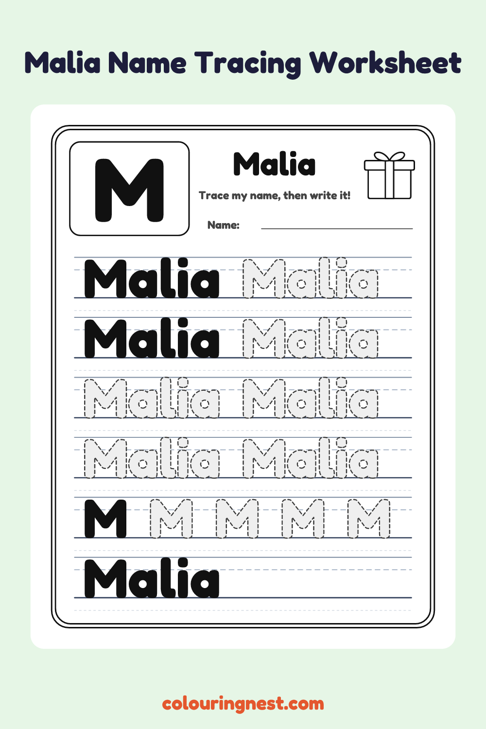 Malia Name Tracing Worksheet: free printable black-and-white line art