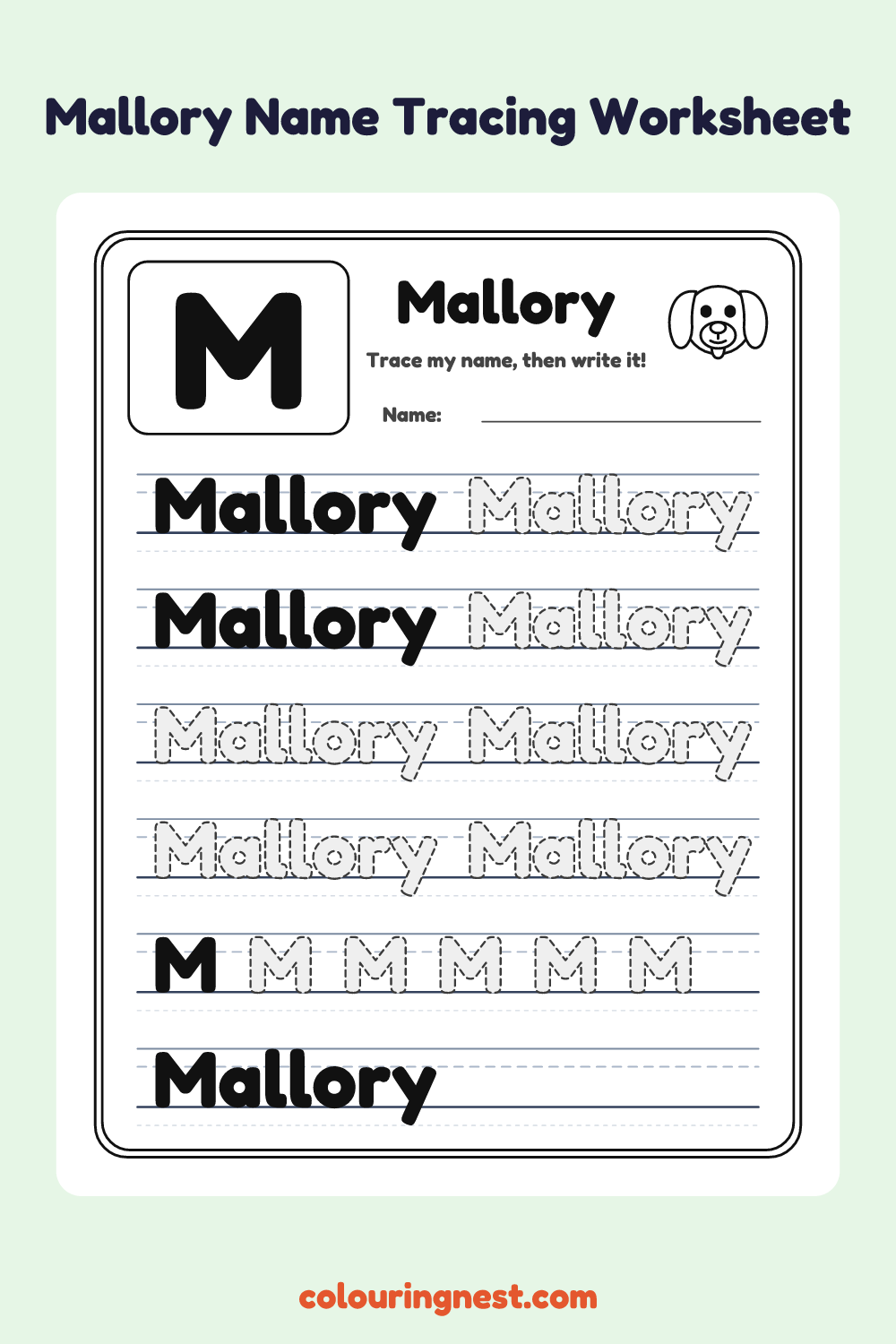 Mallory Name Tracing Worksheet: free printable black-and-white line art