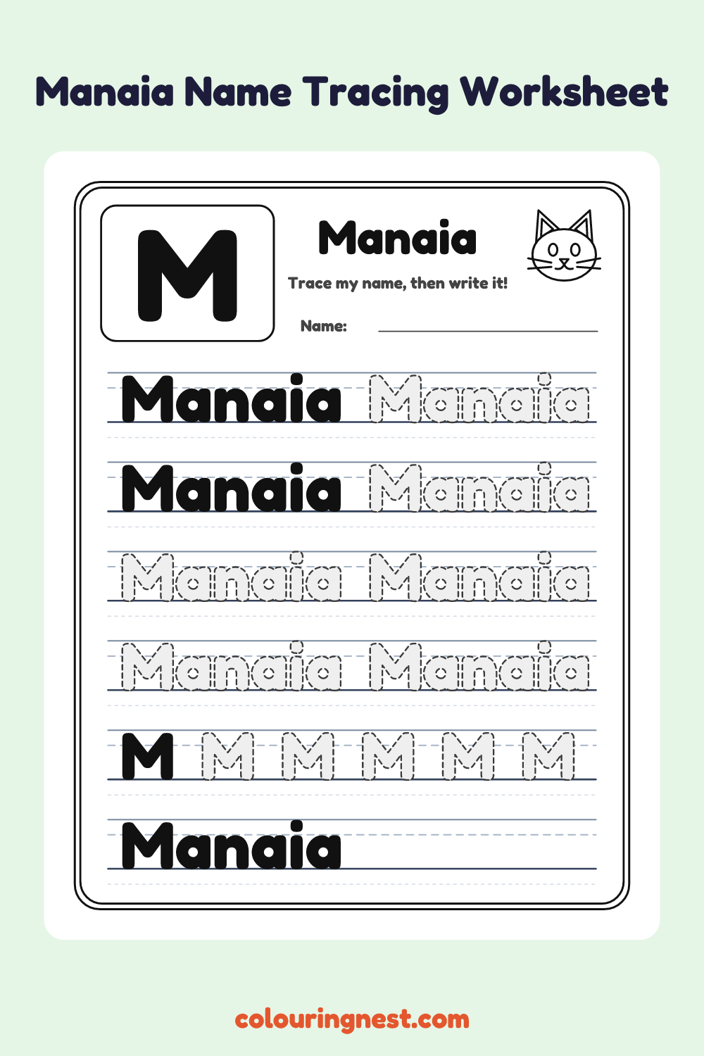 Manaia Name Tracing Worksheet: free printable black-and-white line art