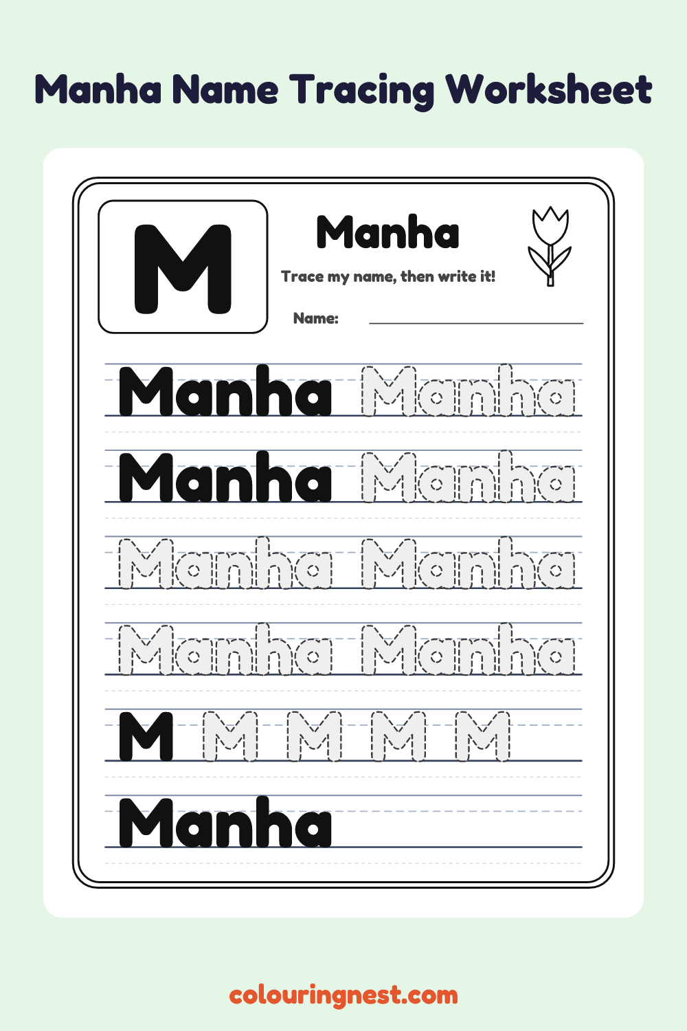 Manha Name Tracing Worksheet: free printable black-and-white line art