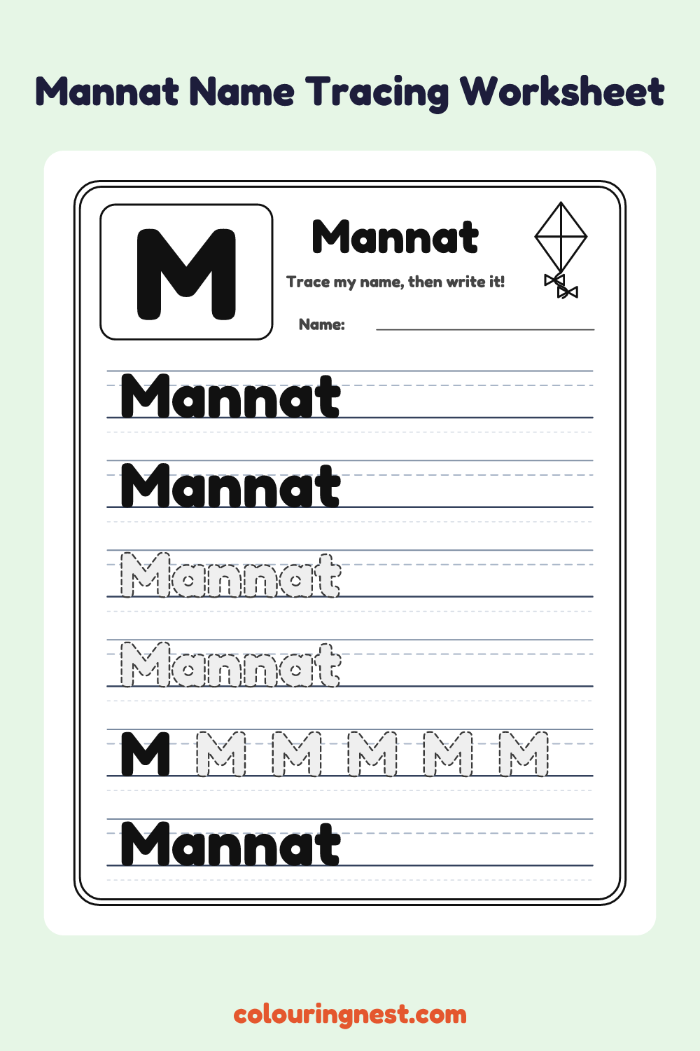 Mannat Name Tracing Worksheet: free printable black-and-white line art
